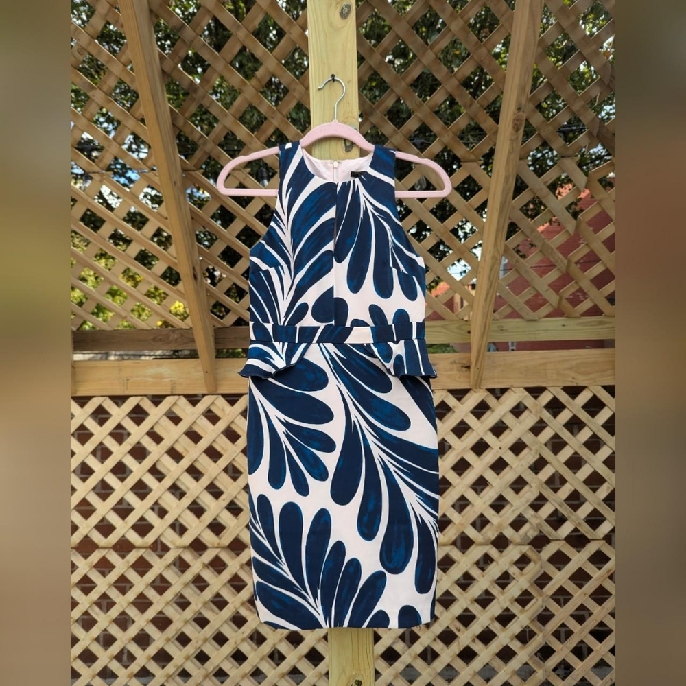 Ann Taylor Factory Petite Blue & White Tropical Leaf Print Peplum Dress